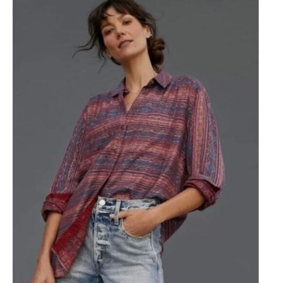 Pilcro Metallic Striped Oversized Buttondown Blouse in Plum, sz Small - Picture 4 of 15